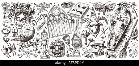 Gothic Halloween sketch patterns with floral print. Vector illustration of spooky pumpkin, old coffin, raven and snake, poison bottle, mystical alchemy icons, engraved witchcraft items on background Stock Vector