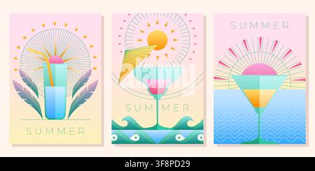 Geometric summer poster with tropical cocktail, water glass, beach sunset background, sea waves and abstract palm leaves design. Modern bar menu set, party flyers with flat shapes, vacation line art Stock Vector