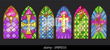 Gothic church windows set with ornate frames isolated on black background. Vector realistic illustration of medieval cathedral glass architecture, vintage religious patterns and classic arches Stock Vector