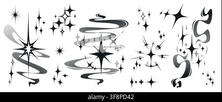 Y2K star icons with sparkling light rays isolated on white background. Vector illustration of retro sparkle bursts, glittering cosmic elements for tattoo designs, vintage space graphic projects Stock Vector