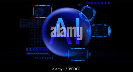 Futuristic ai technology background with neon blue hud tech frame, glowing circuit pattern on black. Vector abstract illustration of electronic board data network lines, cyberpunk interface design Stock Vector