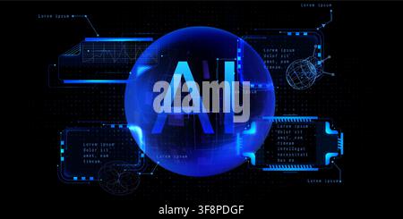 Futuristic ai technology background with neon blue hud tech frame, glowing sphere, digital letter pattern on black. Vector abstract illustration, cyberpunk space interface with global analysis design Stock Vector