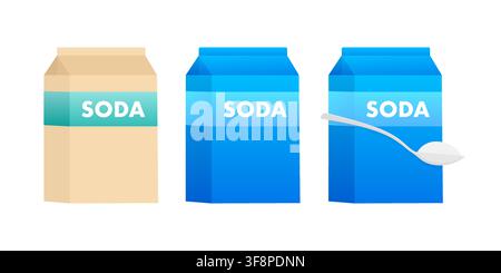 Baking soda packaging with spoon containing sodium bicarbonate Stock Vector