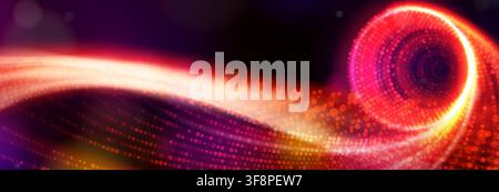 Modern tech background with neon glowing dots and abstract red data waves flowing through digital network space. Vector realistic illustration of futuristic ai technology swirl, presentation template Stock Vector