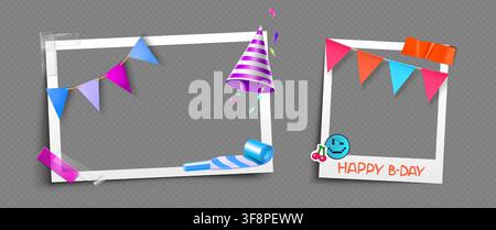 Instant photo collage for birthday party design. Vector realistic set of retro paper photography with garlands, smiling face sticker and sticky tape, vintage snap shot templates for scrapbook album Stock Vector