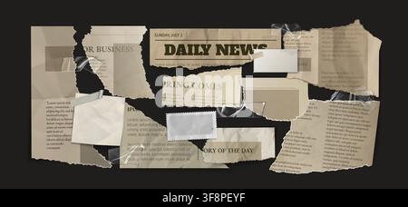 Crumpled pieces of vintage newspaper clippings with torn edges and aged paper texture. Vector realistic set of old sheets with wrinkled ripped surface, grunge collage, journal page with postal stamp Stock Vector