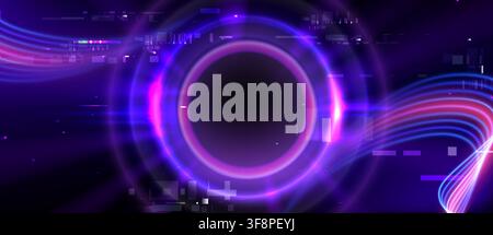 Glowing neon light halo on tech background with glitch effect. Vector realistic illustration of blue and pink aura rings and wave lines creating futuristic cyber portal, abstract circular energy beams Stock Vector