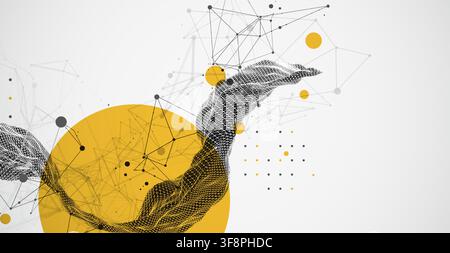 Abstract vector illustration of dark wireframe mesh ribbon with yellow circles and plexus network Stock Vector
