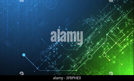 Abstract vector background of digital circuit board with glowing lines and binary code. Stock Vector