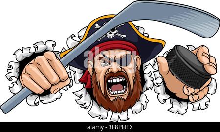 An angry Pirate cartoon character holding hockey stick and puck ice hockey sports team mascot illustration. Stock Vector