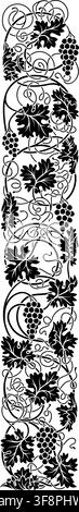 A grape vine or grapevine with vines leaves and grapes leaf border frame vertical band pattern. Wine concept drawing illustration in a vintage etching Stock Vector