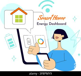 Smart Home Energy Dashboard Vector Illustration Featuring Renewable Power, Solar Panels, Electricity Monitoring, and Sustainable Technology Management Stock Vector