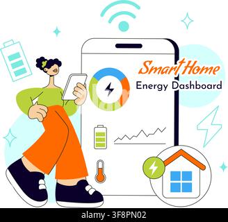 Smart Home Energy Dashboard Vector Illustration Featuring Renewable Power, Solar Panels, Electricity Monitoring, and Sustainable Technology Management Stock Vector