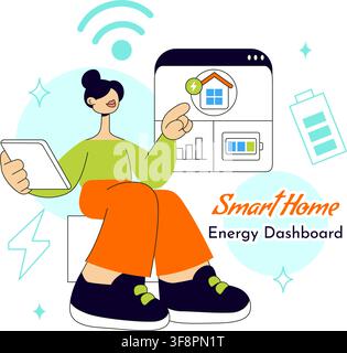 Smart Home Energy Dashboard Vector Illustration Featuring Renewable Power, Solar Panels, Electricity Monitoring, and Sustainable Technology Management Stock Vector