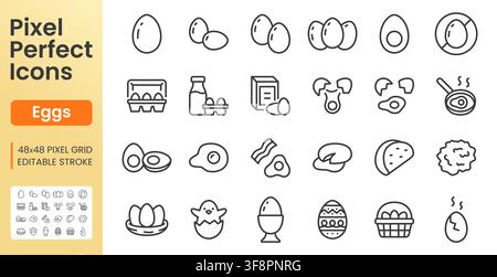 Eggs line icon set. Packaging carton, fried egg, boiled, omelet, breakfast bacon, Easter, hatching chick linear minimal vector illustration. Simple Stock Vector