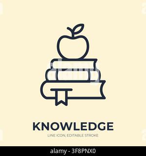 Knowledge line icon. Education and learning linear vector illustration. Thin sign of book stack with apple, bookmark for study, school, reading Stock Vector