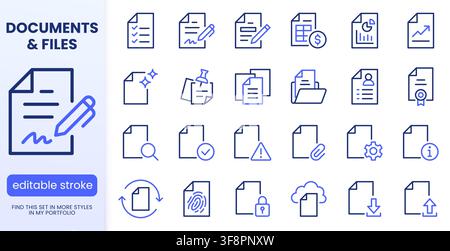 Document line icons set. Paper form, checklist, sign contract, ai note file, manual, invoice, cv record flat minimal vector illustration. Simple Stock Vector