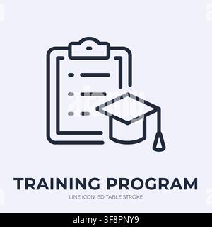 Training program line icon. Study plan linear vector illustration. Thin sign of clipboard checklist with graduation cap for education, course Stock Vector