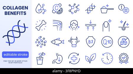 Collagen line icons set. Hyaluronic acid molecule, vitamin C, skin care, elasticity, knee joint, beauty flat minimal vector illustration. Simple Stock Vector