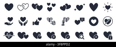 Valentine day glyph icon set. Heart romantic shape, love, passion, relationship, charity giving minimal vector illustrations. Simple silhouette signs Stock Vector