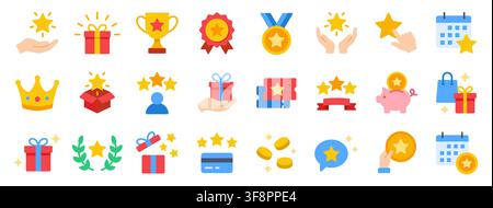 Reward trophy flat icon set. Loyalty points, bonus box, gift, redeem point, winner medal, rating, cashback minimal vector illustrations. Simple color Stock Vector