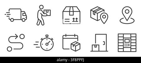 Delivery, Logistics line icon set. Courier, shipping box, parcel tracking, route, warehouse and parcel locker linear minimal vector illustration Stock Vector