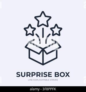 Surprise box line icon. Mystery gift linear vector illustration. Thin sign of open package with flying stars for reward, bonus, giveaway, celebration Stock Vector