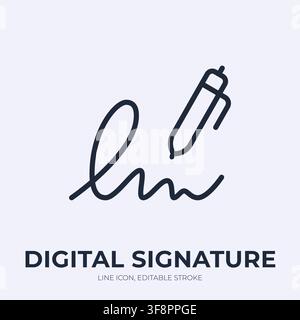 Digital signature line icon. Electronic signing linear vector illustration. Thin symbol of pen with handwritten word for contract, document approval Stock Vector