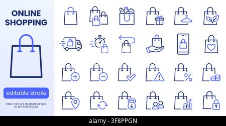 Shopping bag line icon set. Paper package, grocery purchase, retail sale, fast delivery, gift, buy online linear minimal vector illustration. Simple Stock Vector