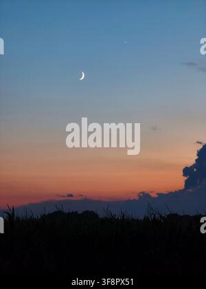 Crescent moon and bright star in the blue sky over a dark cornfield during orange sunset Stock Photo