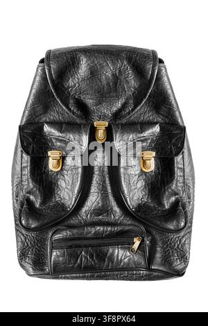 Black leather backpack with golden details isolated on white background Stock Photo