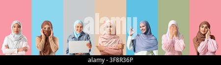 Diverse group of young muslim women wearing hijabs in various colors and styles islamic fashion and culture Stock Photo
