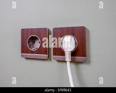 Two type F socket outlets mounted on pale green wall side-by-side. A white power plug is connected to the right socket. Stock Photo