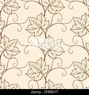 pattern with line art grape leaves and elegant curly vines in minimalist beige and brown color palette for wallpaper, textile print and wrapping paper Stock Vector