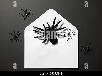 Large black spider emerging from open white envelope for scary Halloween invitation horror message or poster concept Stock Photo