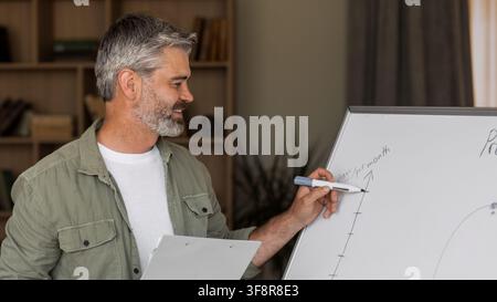 Man Presenting Business Data On Whiteboard In Office, Professional Setting Stock Photo