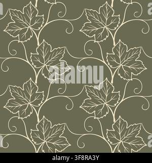 Seamless vector pattern with line art grape leaves and elegant curly vines in olive khaki and cream palette for wine industry branding, wine cellar wa Stock Vector
