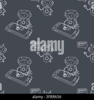 AI Chatbot with Speech Bubble and Robot Repairing Smartphone Screen Seamless Pattern on Black Background. Outline Vector Illustration for No-Code Deve Stock Vector