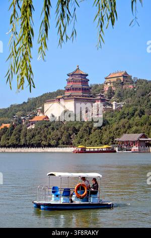 Tourist pedal boat ride on Kunming Lake in front of Longevity Hill, Tower of Buddhist Incense, Palace of Parting Clouds, The Summer Palace, Beijing Stock Photo