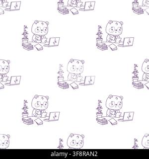Outline Seamless Pattern With Cute Kawaii Business Panda. Bear Character Working At Desk With Laptop, Papers, Books and Bamboo Plant On White Backgrou Stock Vector