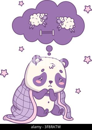 Cute Kawaii Panda Wrapped In Blanket Counting Sheep In Thought Bubble For Insomnia. Tired Unhappy Cartoon Bear Character Unable To Sleep Night Concept Stock Vector