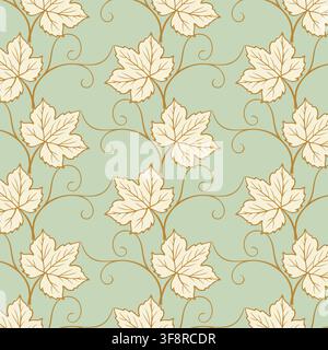 Luxury seamless vector pattern with line art grape leaves and elegant golden vines on premium sage green background for high end decor, luxury brandin Stock Vector