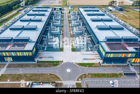 Data center AMS 13 and AMS 14 in Middenmeer, Netherlands, aerial view Stock Photo