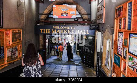 Entrance and sign for the Market Hall in Durham,England, UK Stock Photo