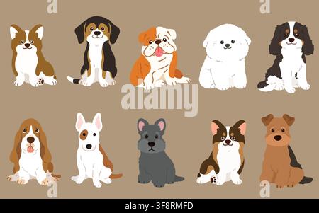 Simple and adorable illustrations of friendly medium sized dogs flat colored Stock Vector