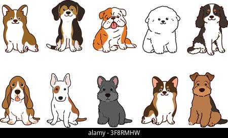 Simple and adorable illustrations of friendly medium sized dogs outlined Stock Vector