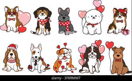 Simple and adorable Valentine's Day illustrations of friendly medium sized dogs outlined Stock Vector