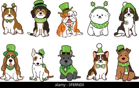 Simple and adorable Saint Patrick's Day illustrations of friendly medium sized dogs outlined Stock Vector