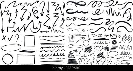Set of textured hand-drawn elements for scrapbook-style design. Arrows, lines, highlights, symbols, cute doodles, clip art, vector graphics Stock Vector