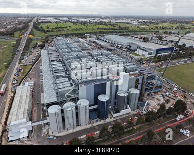 Large data center complex showing expansion and new cooling units from aerial view Stock Photo